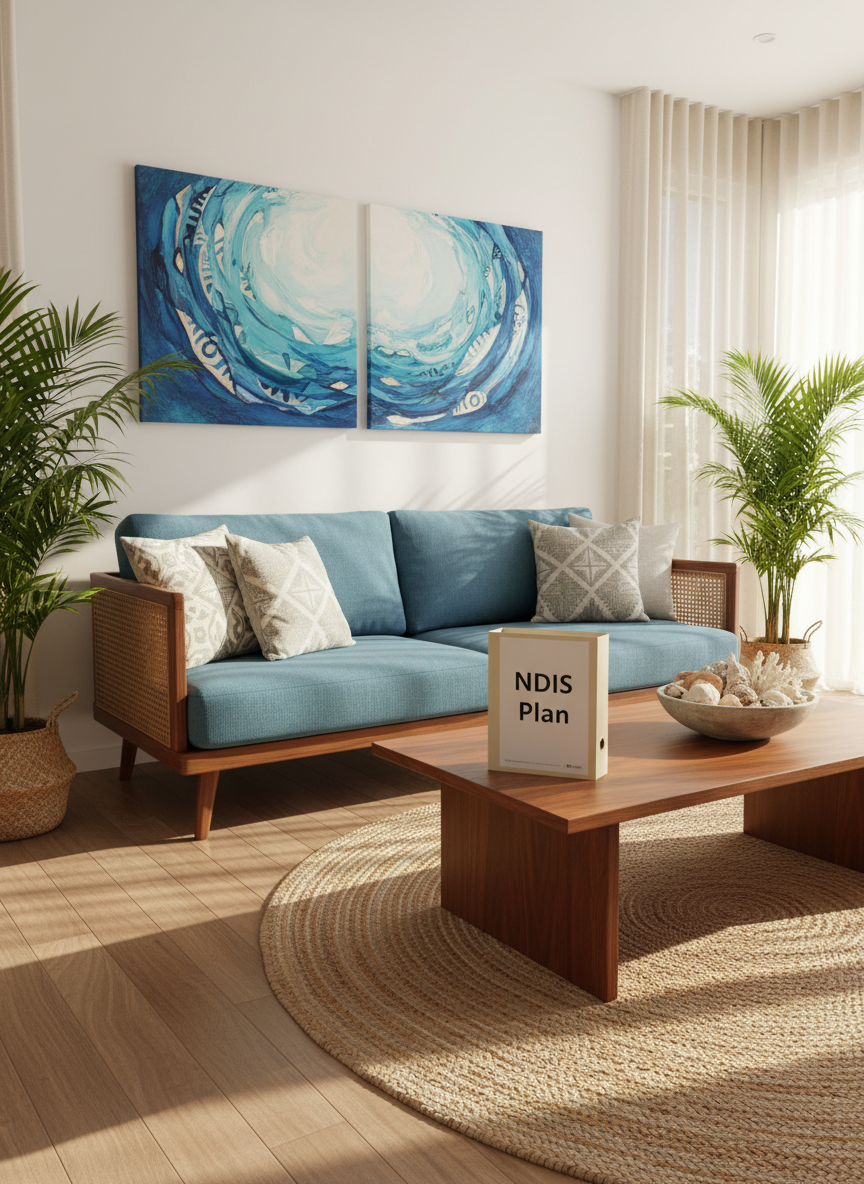 A warmly lit, contemporary home living room styled to reflect Pacific Island culture without showing any people. A comfortable, ocean-blue fabric sofa with woven rattan side panels sits against a crisp white wall adorned with abstract artwork inspired by Pacific patterns and waves. A low wooden coffee table holds a neatly arranged folder labeled “NDIS Plan” beside a ceramic bowl filled with seashells. Soft afternoon light filters through sheer curtains, creating gentle highlights on the polished timber floor. Shot at eye level in photographic realism, with a calm, inviting mood and subtle background blur, conveying professional, respectful in-home support grounded in Pacific values.
